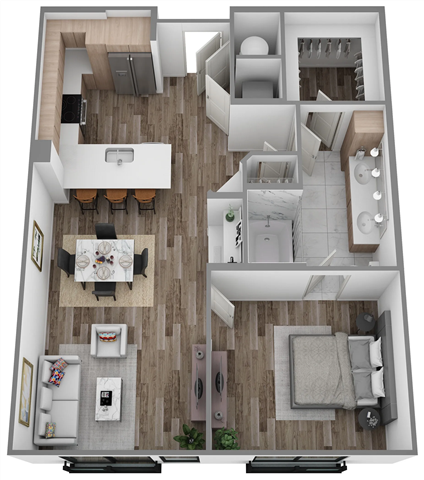 A top-down view of a modern apartment layout with a kitchen, living room, dining area, and bedrooms.