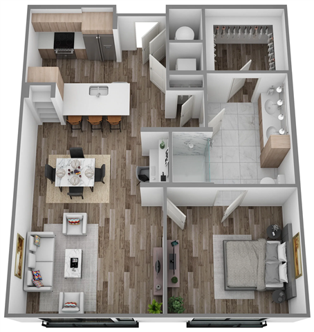 A top-down view of a modern apartment layout with a living room, kitchen, dining area, and bedrooms.