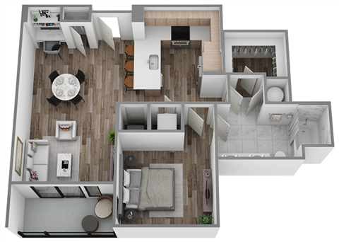 A 3D floor plan of a house with a living room, kitchen, dining room, and bedrooms.