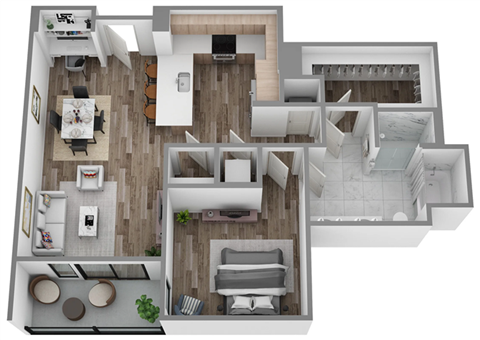 A 3D floor plan of a house with a kitchen, living room, dining room, and bedrooms.