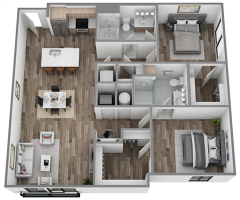 A top-down view of a modern apartment layout with a kitchen, living room, bedrooms, and bathrooms.