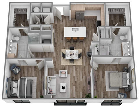 A top-down view of a modern apartment layout with a central living area and surrounding bedrooms and bathrooms.