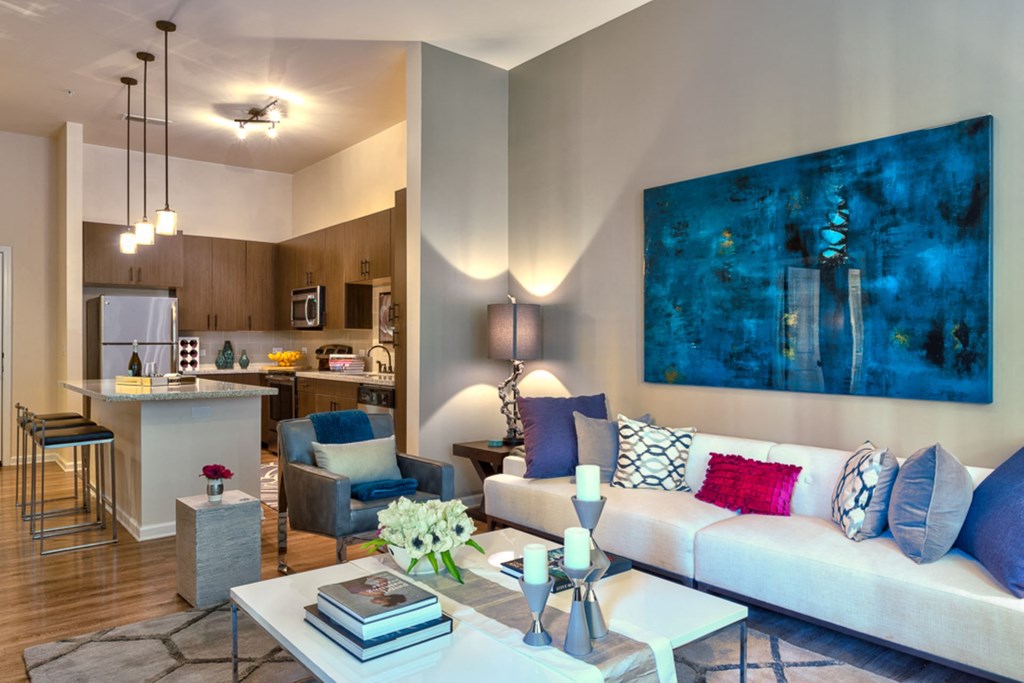 Living Room With Kitchen View at Berkshire Main Street, North Carolina, 27705
