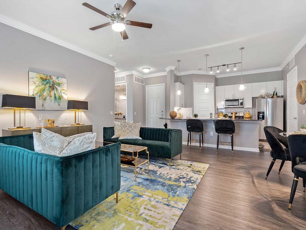 Living room with sofas at Park at Bayside, Rowlett, Texas