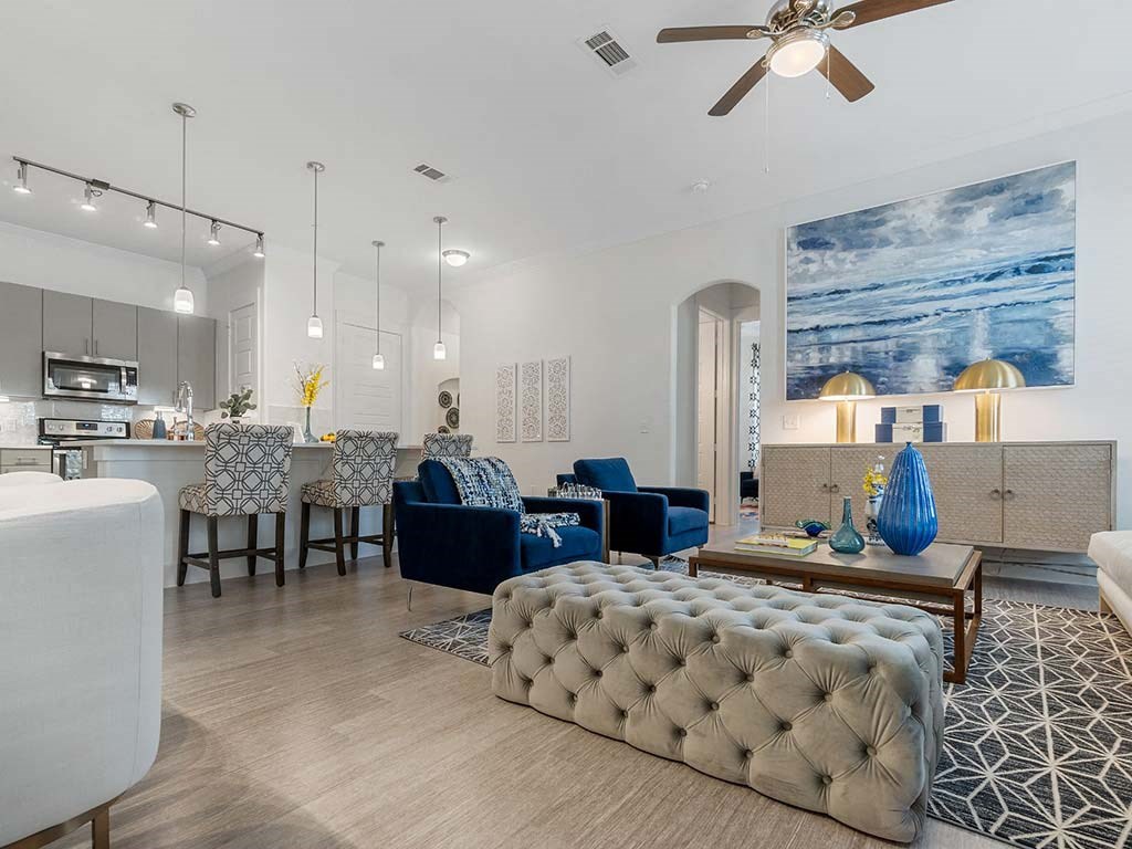 Living room decor at Reveal on the Lake, Rowlett, Texas