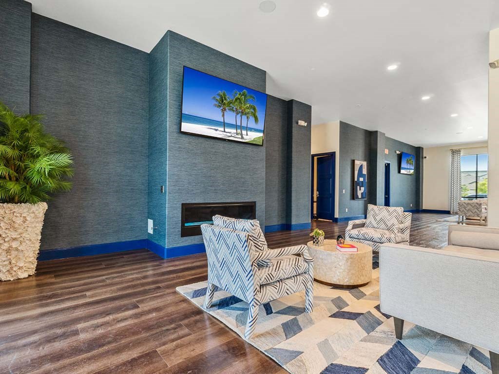 Living room sofa and tv1 at Reveal on the Lake, Rowlett, TX, 75088