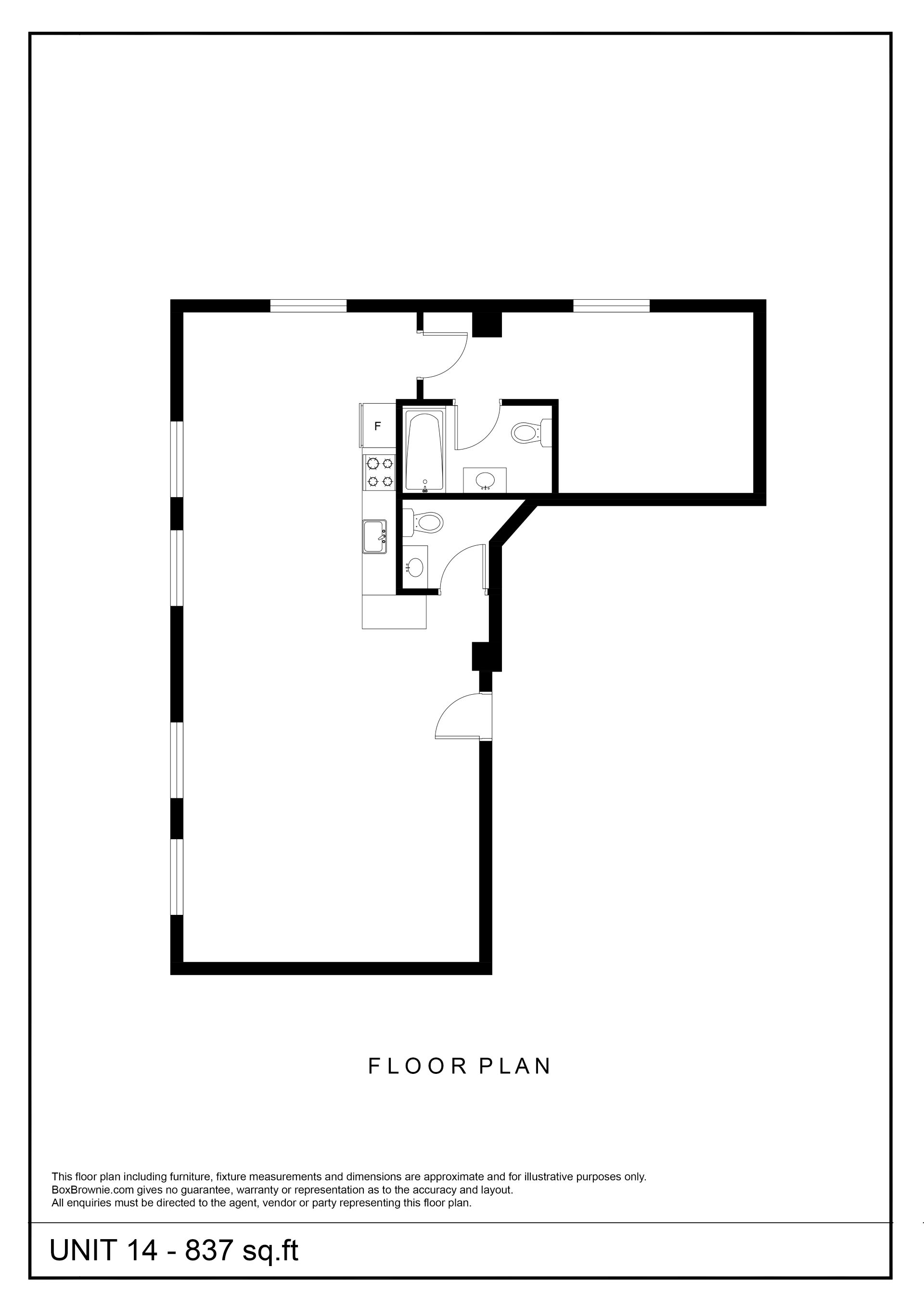 A black and white floor plan for a unit measuring 837 square feet.
