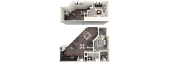 a 3d rendering of a bedroom and a floor plan of a house