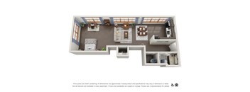 A 3D floor plan of a small apartment with a kitchen, living room, and bedroom.