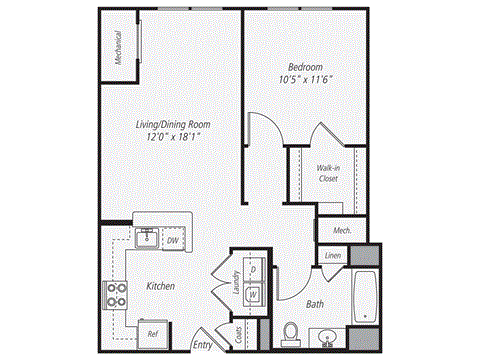 a floor plan of a studio apartment with a bedroom and a living room