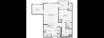 a floor plan of a studio apartment with a bedroom and a living room