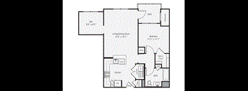a floor plan of a 1 bedroom floor plan with a bathroom and a living room
