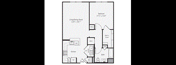 a floor plan of a studio apartment with a bedroom and a living room