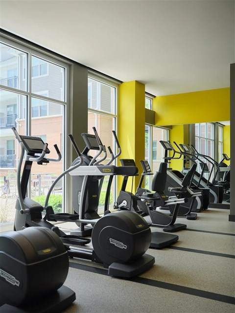 fitness center with treadmills and exercise bikes at Signature Place apartments