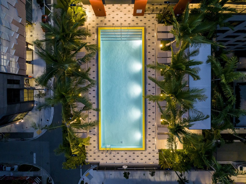 an aerial view of a  swimming pool