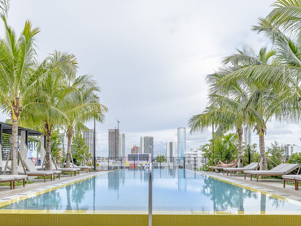 a swimming pool with palm trees and a city in the background
