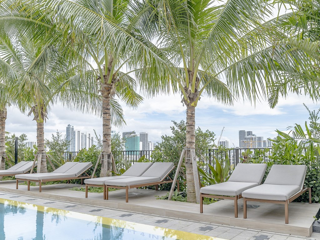 a row of white lounge chairs next to a pool with palm trees