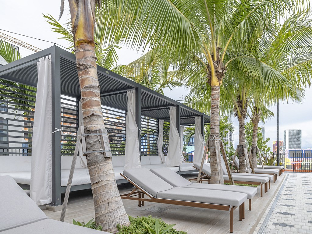 a row of lounge chairs and palm trees at a swimming pool