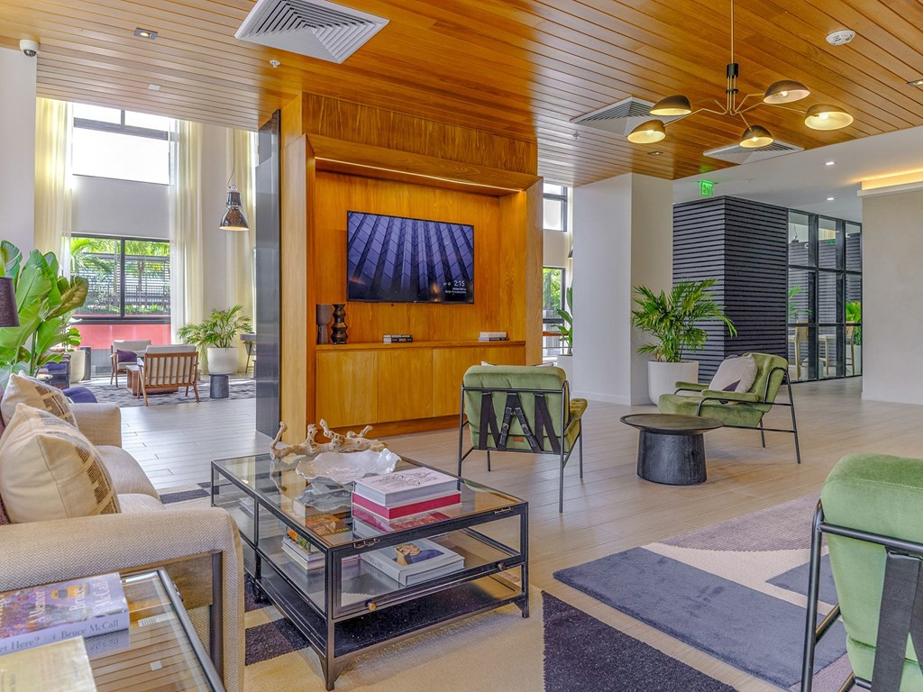 a social lounge with furniture and a television