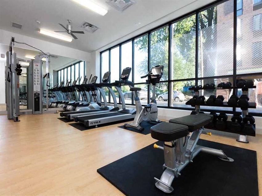 Fitness center with free weights Fitness center with free weights at Cook Street Apartments, Portland, OR