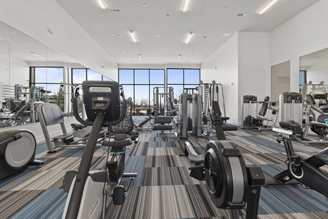 A gym with a variety of exercise equipment.