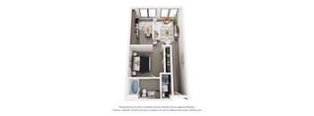 A 3D floor plan of a small apartment with a kitchen, bathroom, and living room.