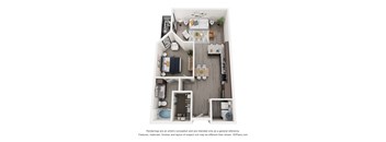 A 3D floor plan of a small apartment with a kitchen, living room, and bathroom.