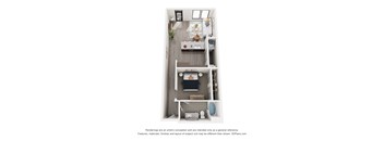 A 3D floor plan of a small apartment with a kitchen, living room, and bathroom.