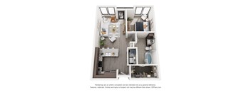 A floor plan of a small apartment with a kitchen, living room, and bathroom.