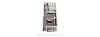 A 3D floor plan of a small apartment with a kitchen, living room, and bathroom.