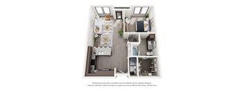 A 3D floor plan of a small apartment with a kitchen, living room, and bedrooms.