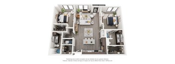 A 3D floor plan of a house with a kitchen, living room, and bedrooms.