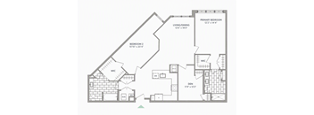 A floor plan of a house with a living room, two bedrooms, a den, and a kitchen.