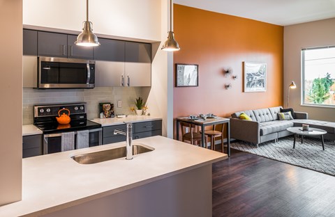 A modern kitchen with a stove top oven and a microwave above it.