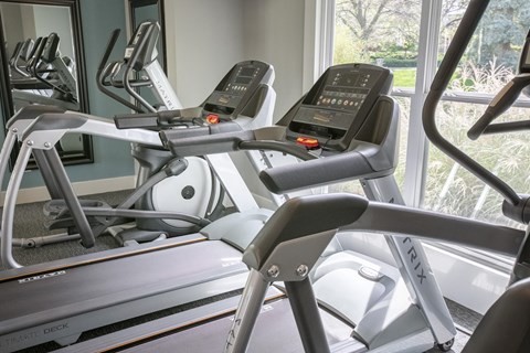 A treadmill and a stationary bike are in a gym.