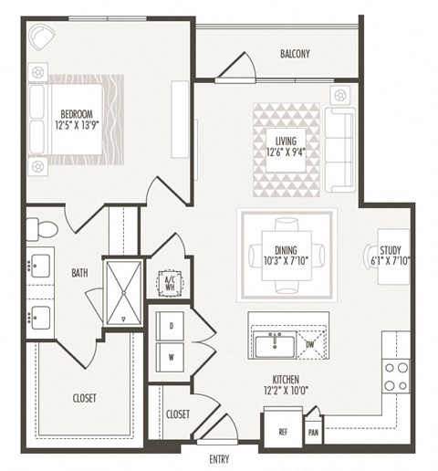 1 bedroom 1 bathroom A4 plus Study Floor Plan at Retreat at the Rim, San Antonio, TX