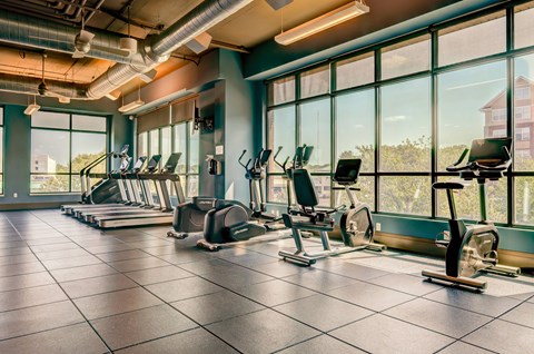 A gym with treadmills and exercise bikes.