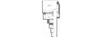 A floor plan of a small apartment with a living room, kitchen, bathroom, and bedroom.