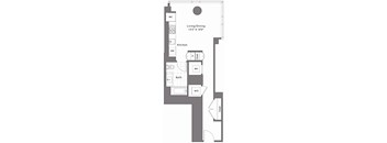 A floor plan of a small apartment with a living/dining area, kitchen, bathroom, and bedroom.