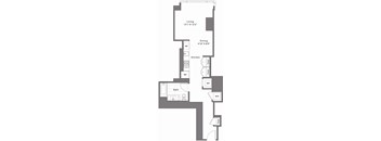 A floor plan of a small apartment with a living room, dining room, kitchen, bathroom, and two closets.