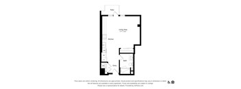 A floor plan of an apartment with a kitchen, living area, bath, and entry.