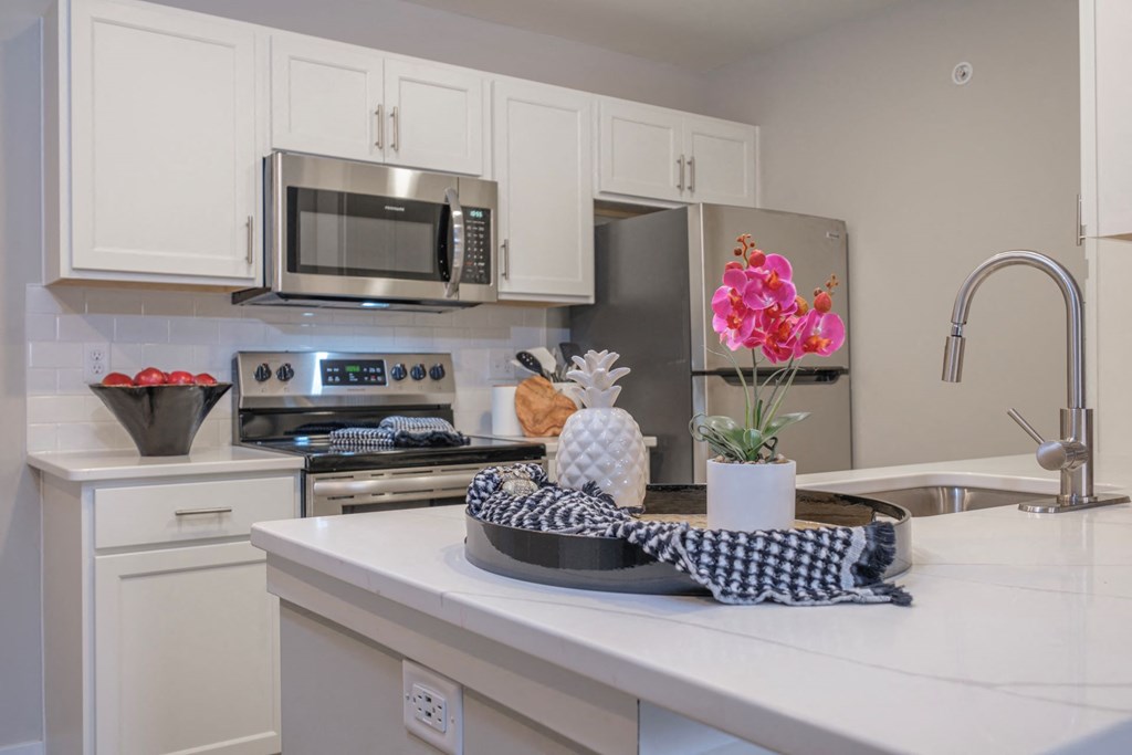 a kitchen with white cabinetry and stainless appliances at Saw Mill Village apartments