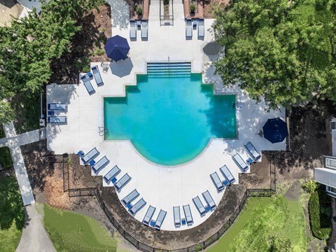 An aerial view of a swimming pool surrounded by lounge chairs and trees.