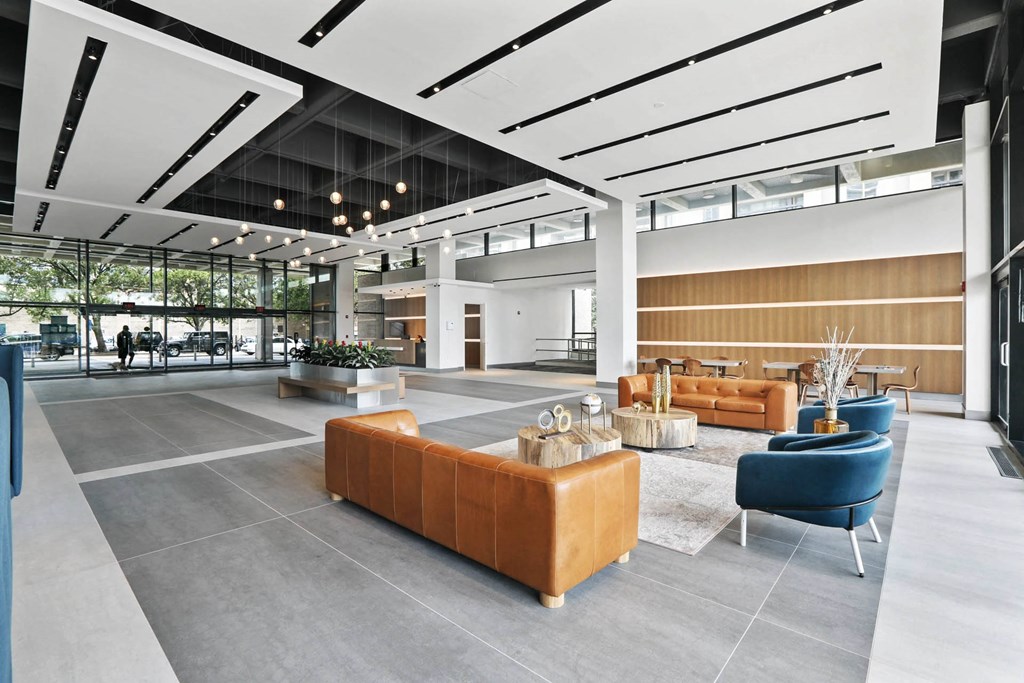 Skyline Towers lobby with comfortable seating and conversation areas