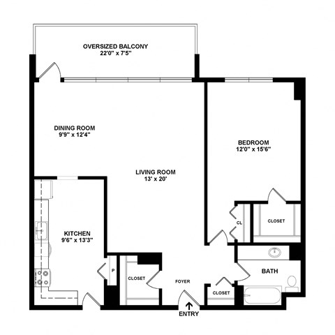 Reagan one bedroom one bath floorplan