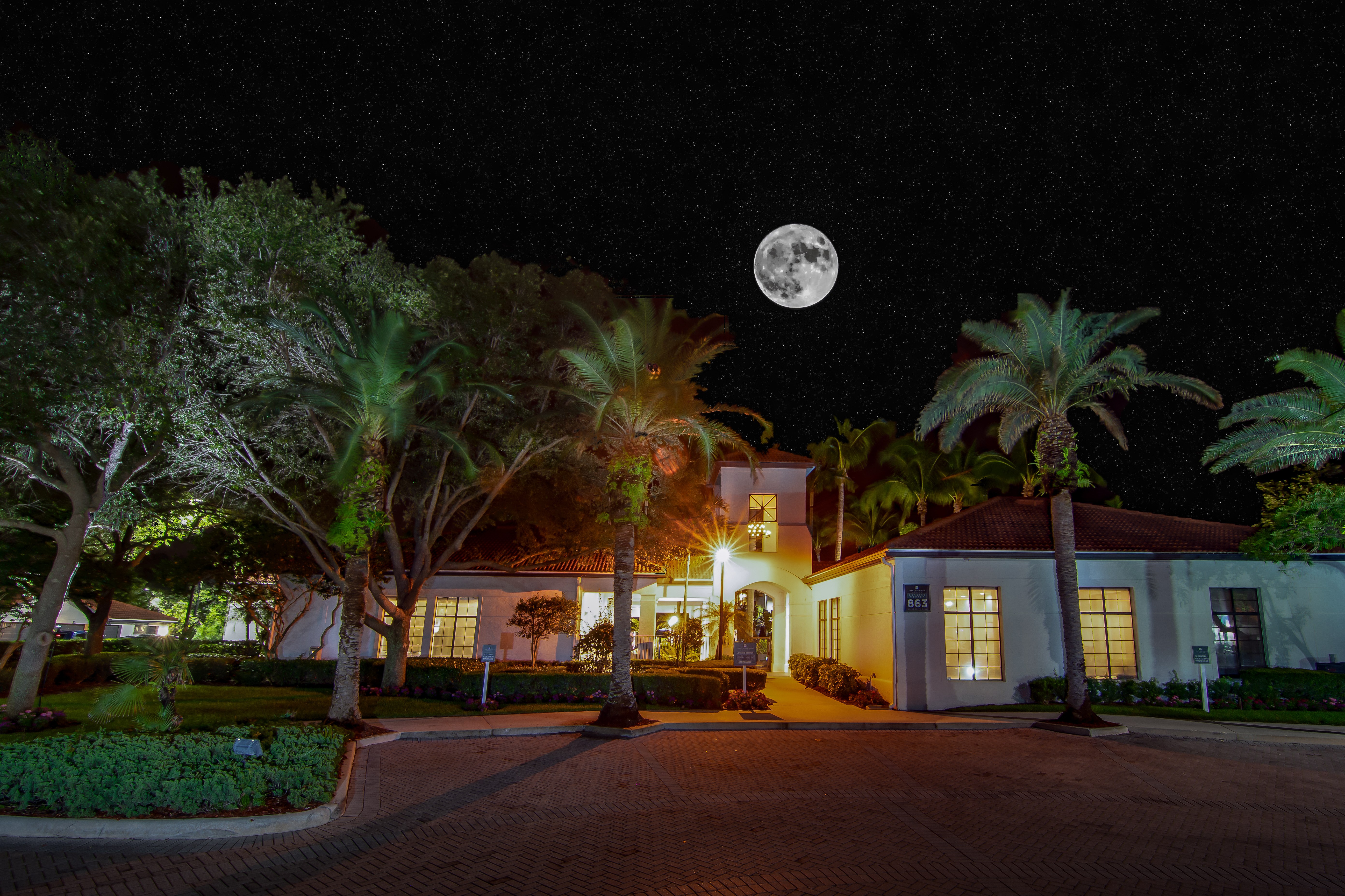 A house with a driveway and trees in front of it at night with the moon in the sky.