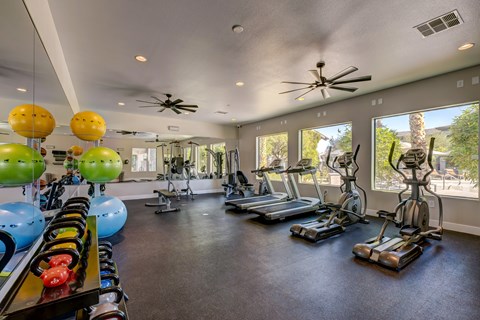 A spacious gym with various exercise equipment and a row of exercise balls.