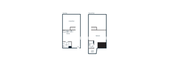 A floor plan of a house with a living room, dining room, kitchen, and bathroom.