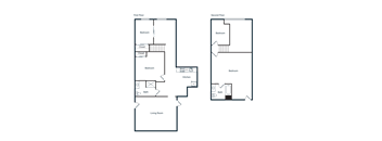 A floor plan of a two-story building with rooms labeled.