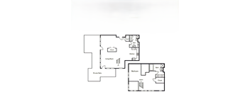 A floor plan of a house with a living room, kitchen, bedroom and bathroom.